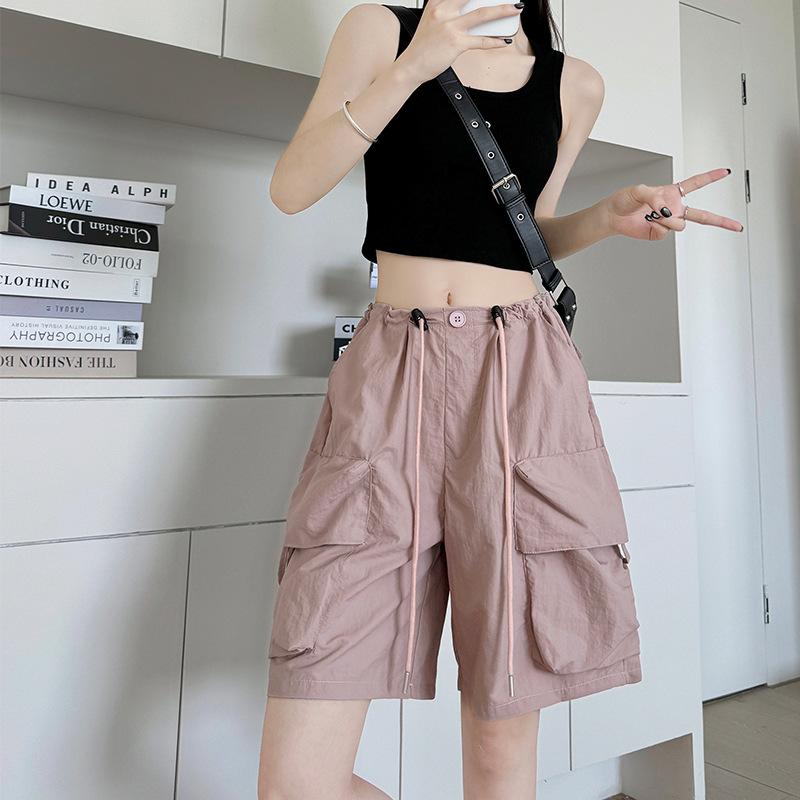 

Женские шорты карго с большим карманом, летние тонкие, с высокой посадкой и широкими штанинами, спортивные быстросохнущие брюки длиной пять четвертей S розовый