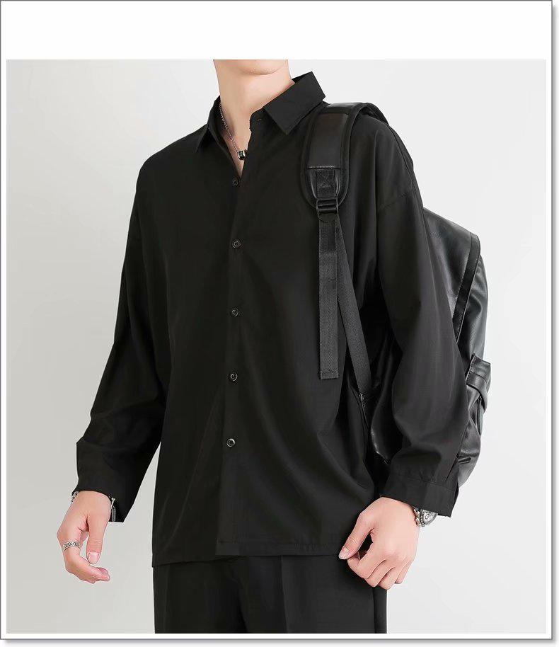 Men's Summer Ice Silk Long-Sleeve Black Drape Shirt - Wrinkle-Free, Loose, Casual, Handsome Gray Style