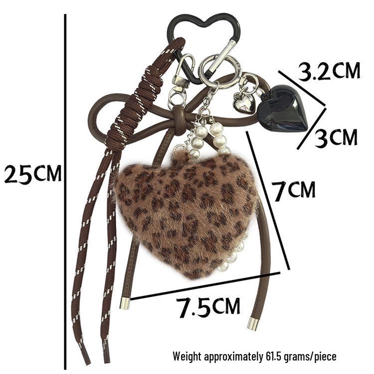 Leopard Plush Heart Keychain with Woven Tassel