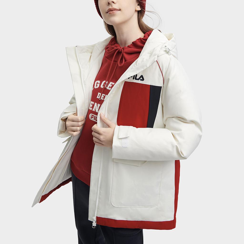 Fila Color Block Hooded Logo Print Casual Mid-Length Parka Down Jacket Women Outerwear Cloud-Mushroom-White F11W349905FWT