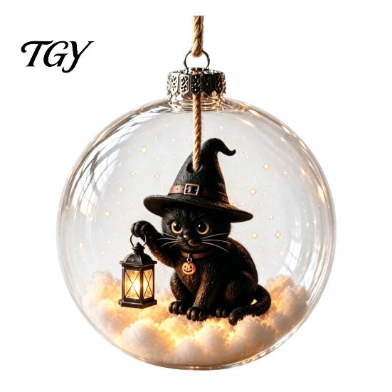 Outdoor Festive Party Supplies Halloween Glowing Sphere, Lighted Clear Ball Ornament, Cute Witch Bedroom Ceiling Ornament Cat, LED Hanging Decoration