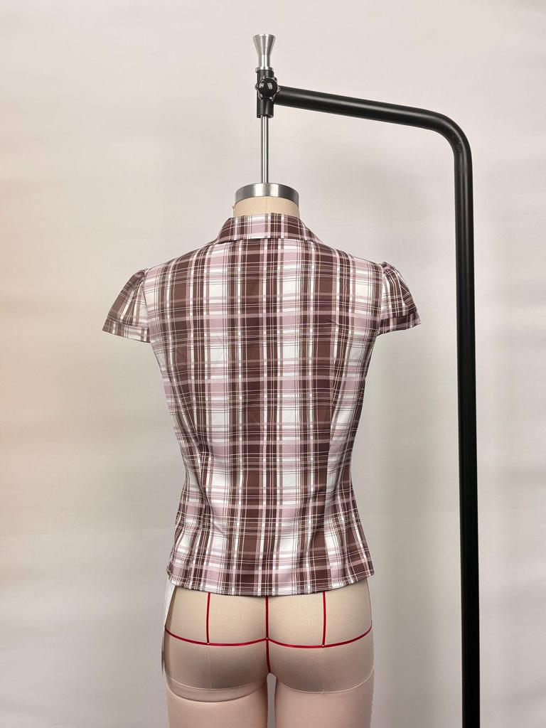 Women's Plaid Lapel Cropped Shirt, Slim-Waist Retro Streetwear for Summer