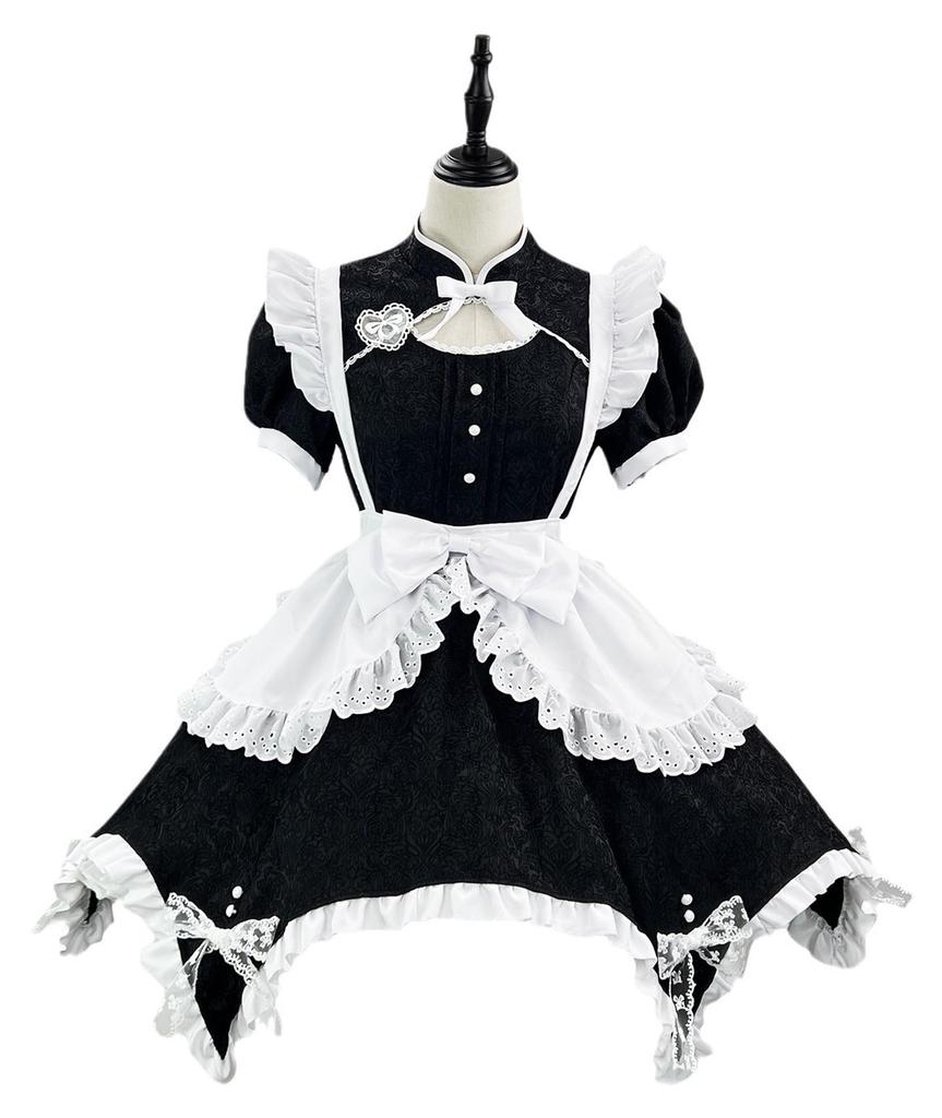 YZZYQQ Gotisches Lolita Dienstmädchen Kostüm mit Haarband, Chinesischer Stil, Kurze Ärmel, Schwarz, Größe 2XL