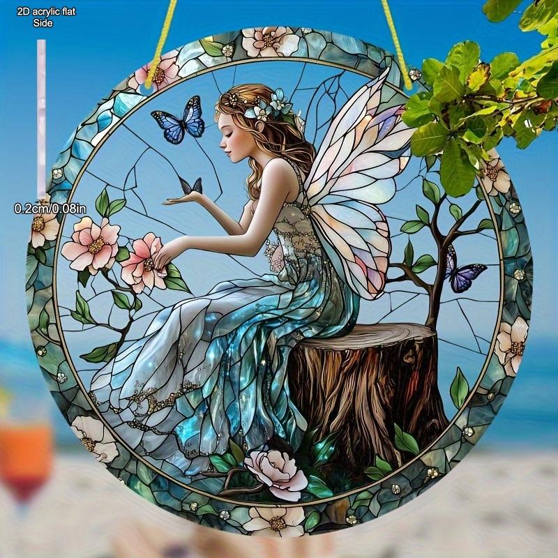Bohemian Flower Fairy Sun Catcher - Vibrant Floral & Butterfly Acrylic Wall Art, Fairy Garden Decor for Outside, Whimsical Design, Nurseries, Vinta