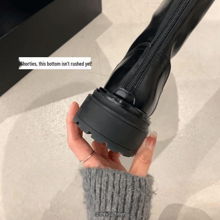 Su Yinyin Style Colorblock Round Toe Thick Sole Back Zipper Women's Riding Boots