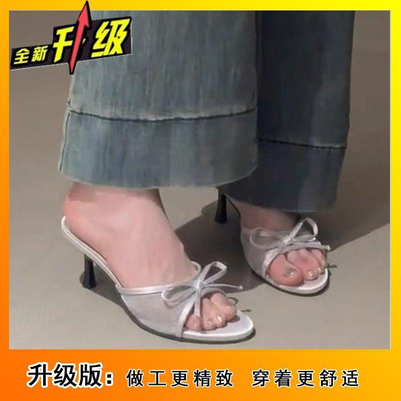 Bow slippers women's 2025 summer new thin heel one-word drag versatile round head open-toed high-heeled sandals