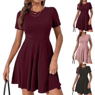 Ladies' Casual Solid Color Round Neck Short Sleeved Dress