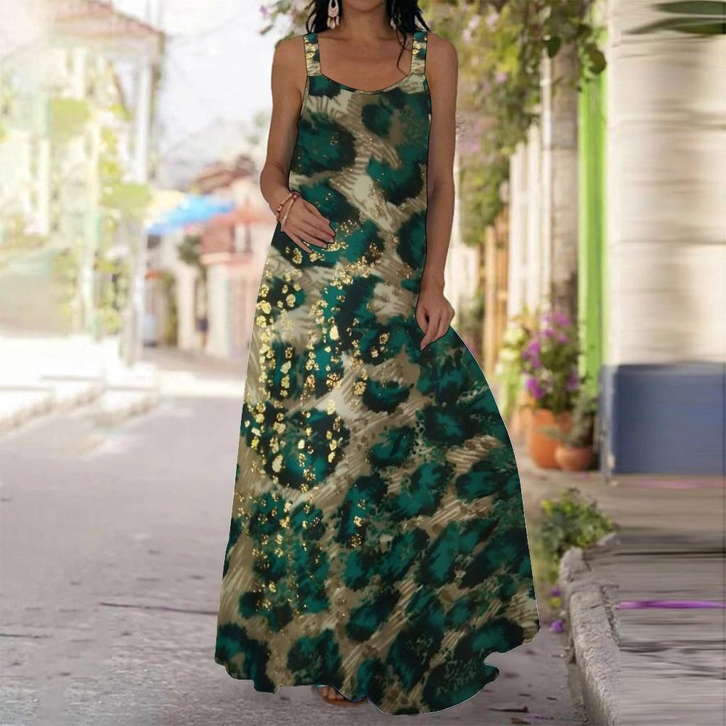 Vestido de tirantes largo maxi para mujer Estampado de leopardo Vestido con estampado de costuras Primavera y Verano Ocio Vacaciones