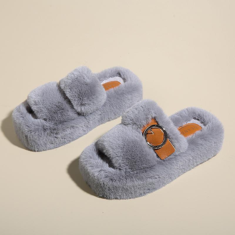Fashion Plus Size Women's One Word Buckle Fashion Fluffy Slippers Wear Outside Versatile Cotton Mops