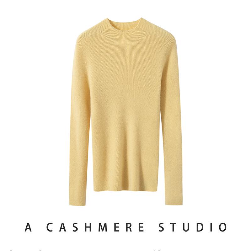 Women's Slimming Pure Cashmere Ribbed Pullover Sweater - Solid Color, Half-High Neck Knitwear