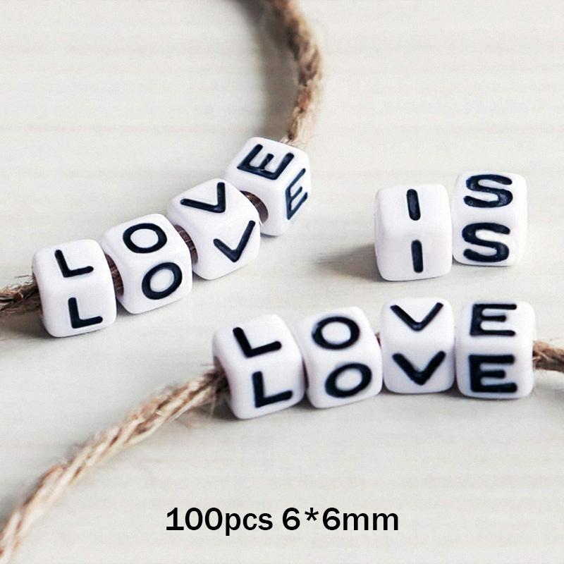 100pcs Round Square English Letter Beads DIY Bracelet Necklace Jewelry Accessory Acrylic Loose Bead String Black White Crafts