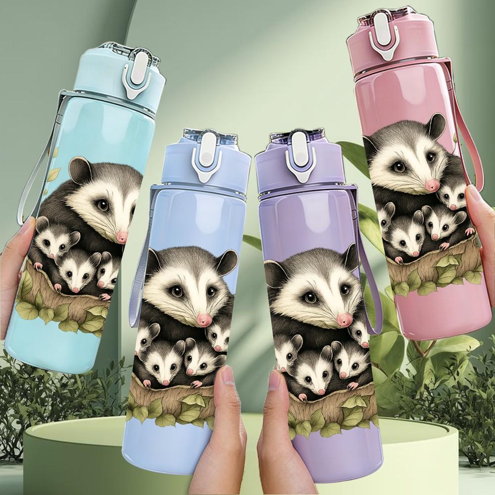 1PC Opossum Floral Portrait Art 750ml Color Plastic Sports Water Bottle Leakproof Flip Straw Lid Suitable for Sports Office Home Use