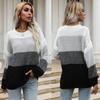 Vintage Fashion Elegant Casual Autumn Women's Round Neck Loose Splicing Color Collision Knitted Long-sleeved Sweater Women