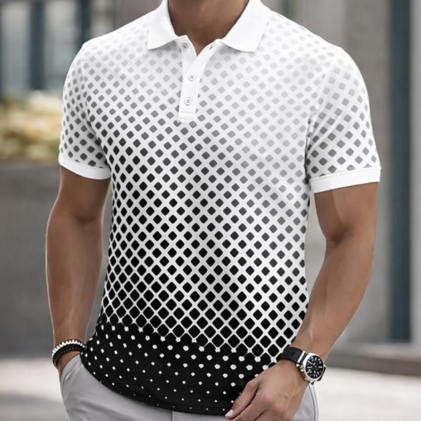 

Modern Diamond Grid Polo Shirt Men Gradient Halftone Graphic Short Sleeve Tops Summer S