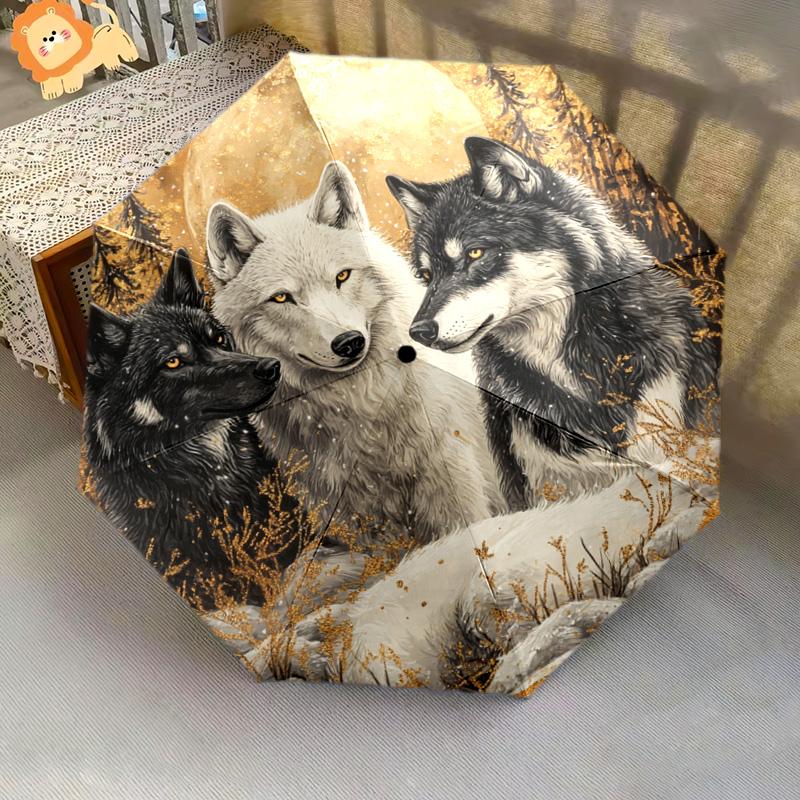 1 PC Automatic Folding Umbrella - Two Wolves Pattern, Portable & Foldable Design with 8 Ribs, Christmas Birthday Gifts
