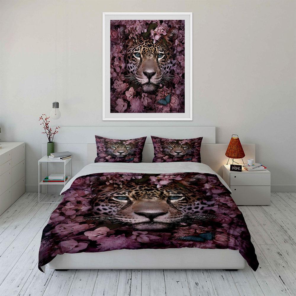Leopard and Butterfly in Pink Blooms Bedding Set for Kids Luxury Gift 3pcs Digital Print Comforter Set Soft Comfortable