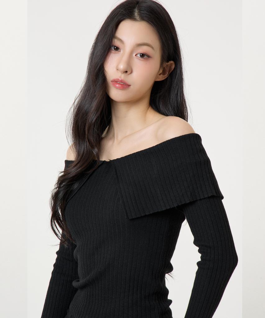UNKNOWN PLANET Ruffle Boat Neck Long Sleeve Knit Top Black