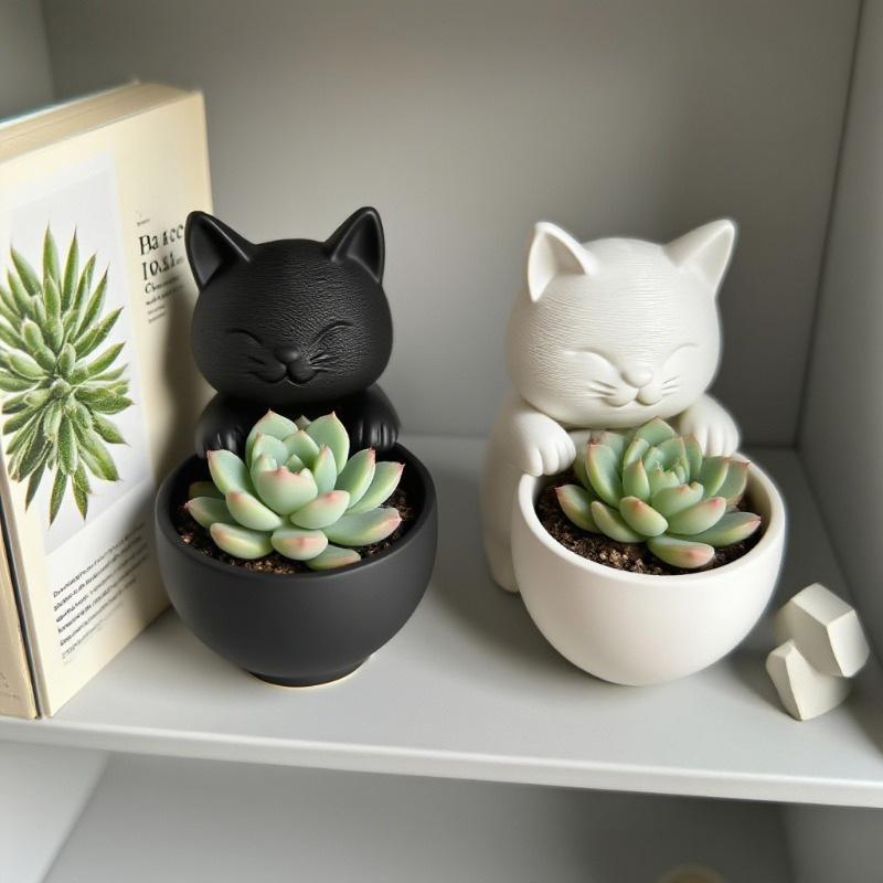 Kattformad Kruka Med Dräneringshål Unikt Designad För Suckulenter Små Blommor Och Kaktusar Sovrum Kontor Skrivbordsdekoration