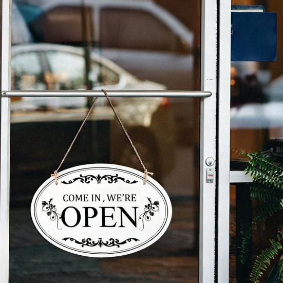 Oval Shaped Welcome Plaque Wooden Open Closed Sign, Double-Sided Hanging Door Sign with Vintage Indoor Store Front Display Frame, Waterproof