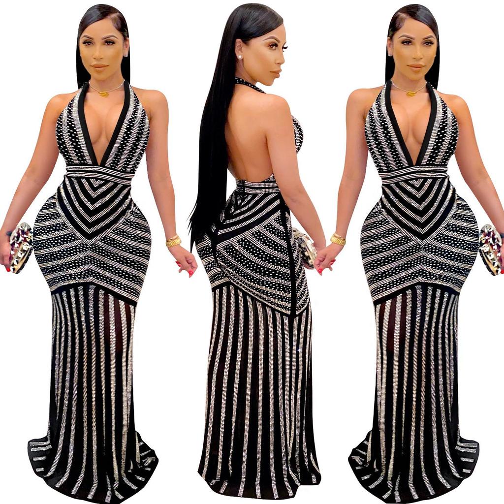 X3816 European Fashion Sexy Deep V Backless Rhinestone Long Nightclub Dress