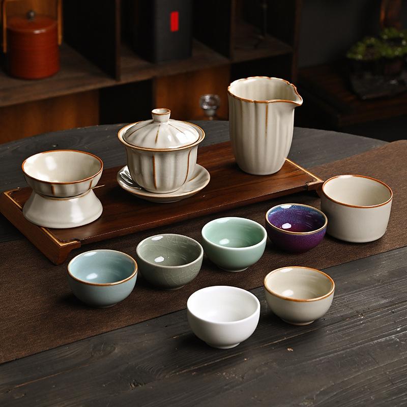 Five famous kiln tea set gift box ceramic kung fu souvenir business gift tea set high-end light luxury