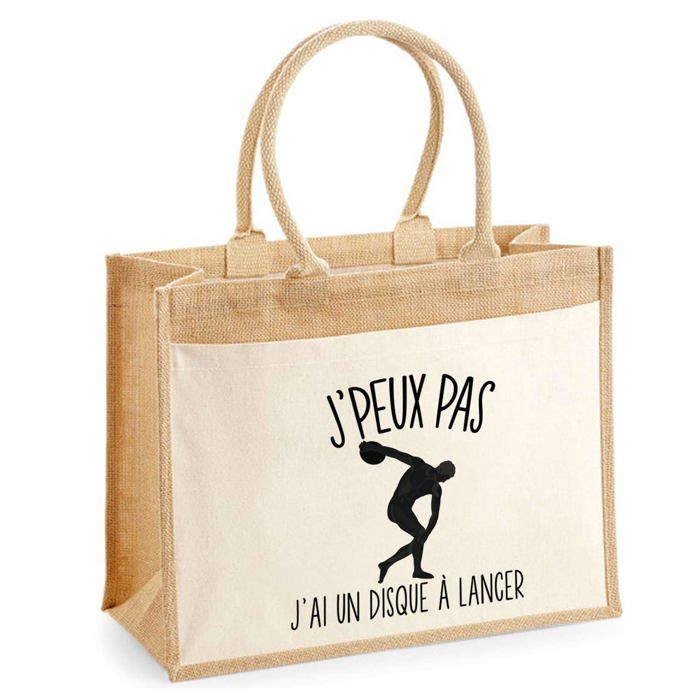 Sac de plage - PLANETEE - Jute avec poche « Lancer Du Disque J'peux pas » - Coton - 43x33 cm - Anses bandoulière