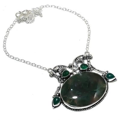 Natural Moss Agate, Onyx Gemstone 925 Sterling Silver Gift Necklace 18" L2i48