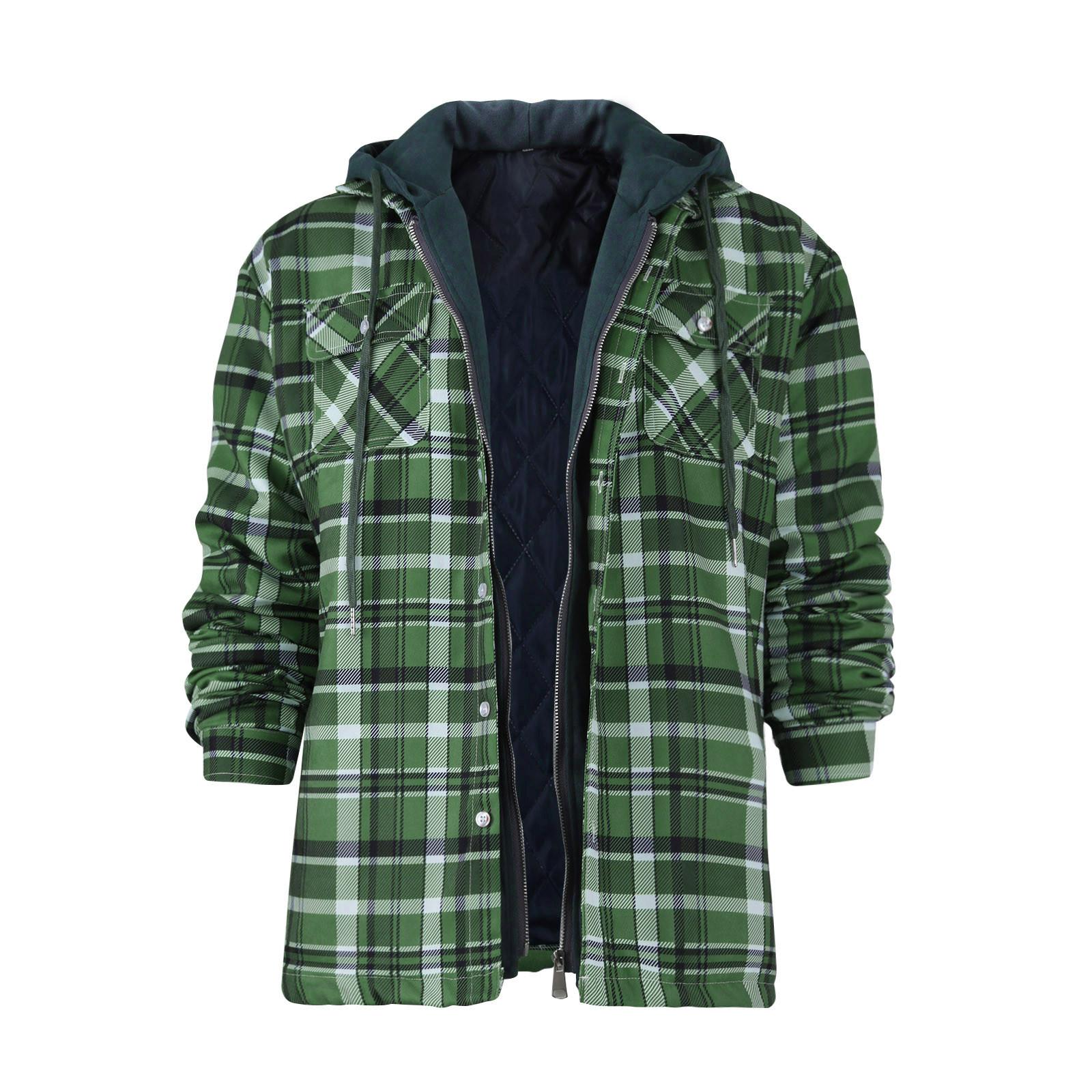 

Men s Quilted Lined Button Down Plaid Shirt Add Velvet To Keep Warm Jacket With Hood L зелений
