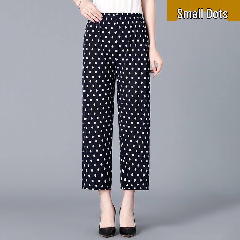 Ice Silk Floral Wide-Leg Pants for Middle-Aged and Elderly Women - Large, Loose, Casual, Straight-Leg Design
