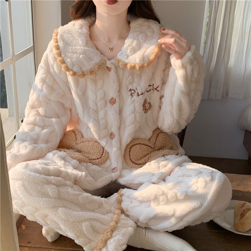 Coral Fleece Pajamas Autumn and Winter Thickened Fleece Large Size Spring and Autumn Flannel Loungewear Set