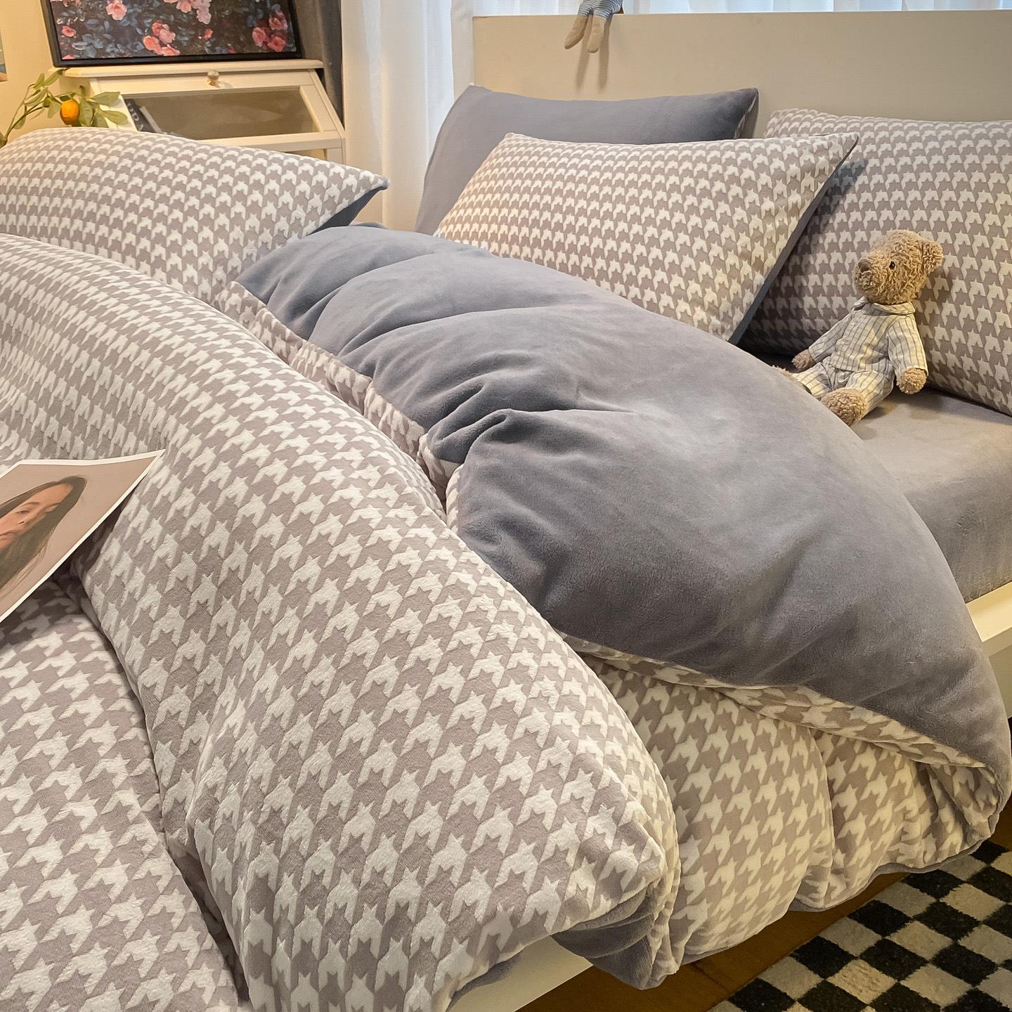 

Class A 3D Engraved High-Gram Milk Fleece Four-Piece Set 1.2M Bed Sheet Three-Piece Set, Waffle Single cover 150 * 200cm