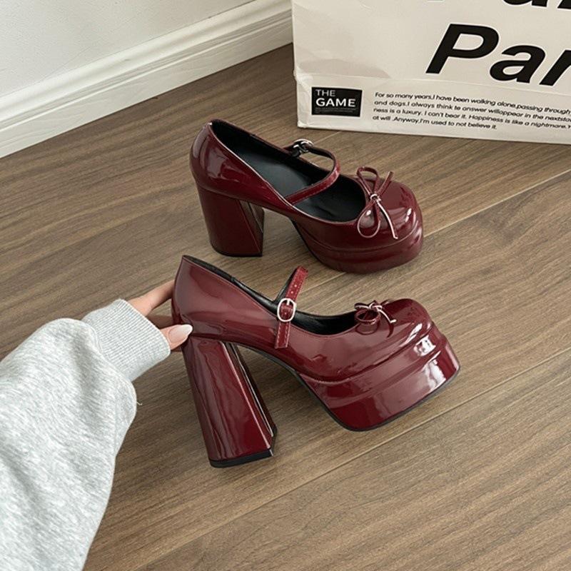Super high heel Mary Jane shoes women's thick heel one-word buckle waterproof table single shoes small leather shoes nude high heels