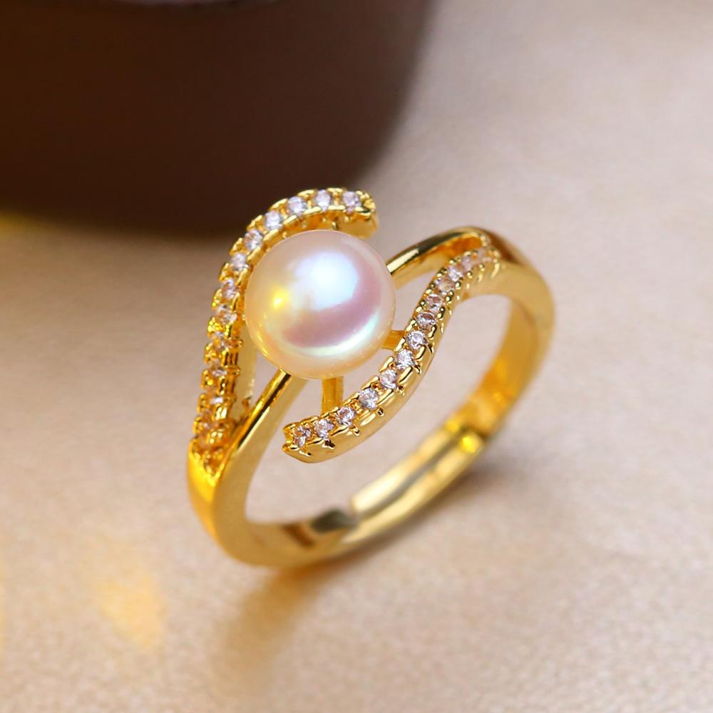 seniko Natural Freshwater Pearl Rings For Women Fashion Female Cubic Zirconia CZ Ring Pearl Jewelry Adjustable Ring