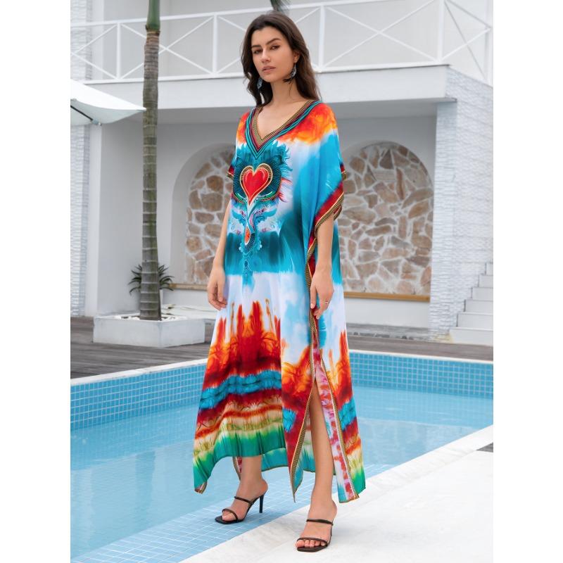 Damenmode Sommer Frühling Federdruck 1/2 Ärmel V-Ausschnitt Lockere Taille Freizeitkleider