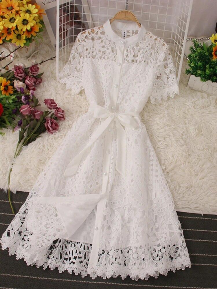 French Stylish Hollow Out Lace Dress Women Elegant Solid Open Stitch Lace-up Evening Dress 2024 New Tide Summer