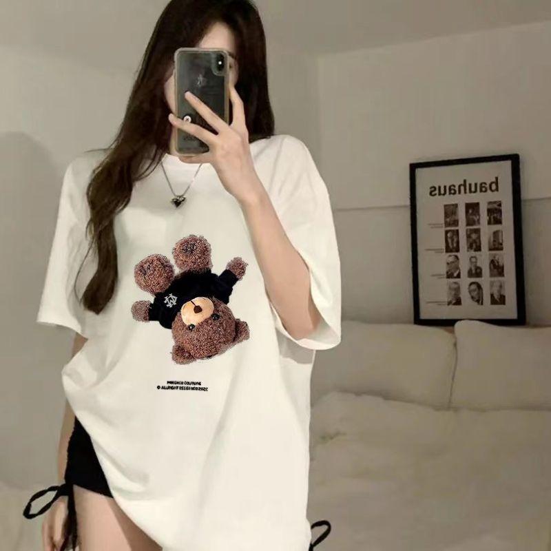 2024 New Summer Sweet Cool American Shoulder Round Neck Bear Print Loose Casual Versatile Fashion Short Sleeve T-shirt