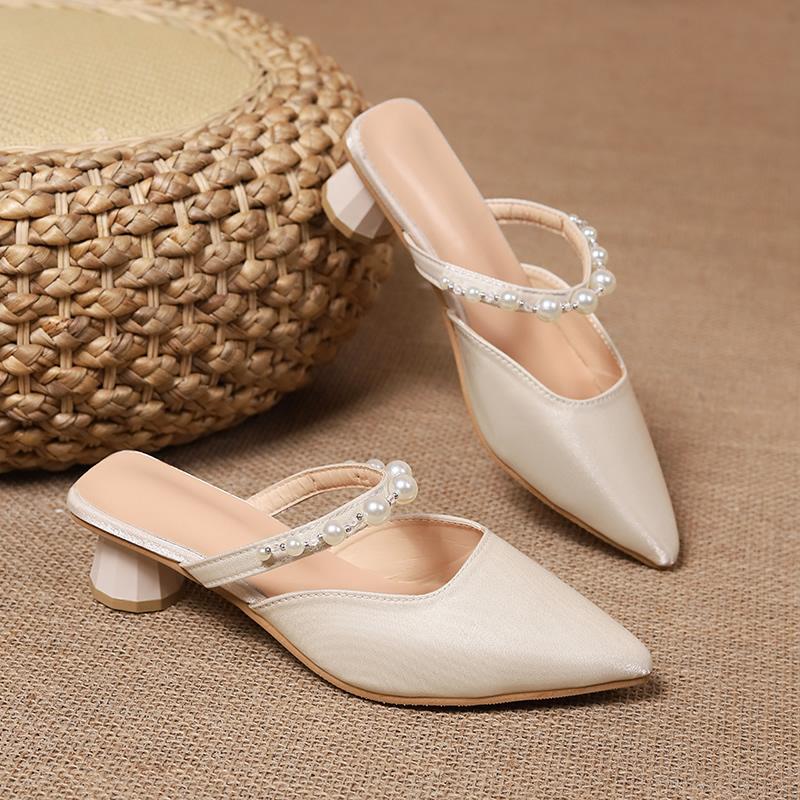 French Style Women's Mules Half Covered Head Slip-On Shoes Elegant Ladywear Outdoor Ladies Single Shoes Silk Upper Rubber Sole