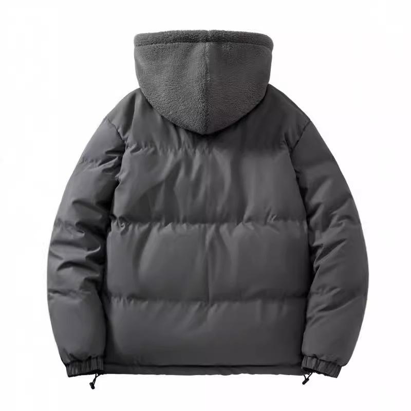 Large size fake two-piece cotton-padded clothes, men's trend loose and thickened fleece, solid color hooded clothes, simple cotton-padded jacket