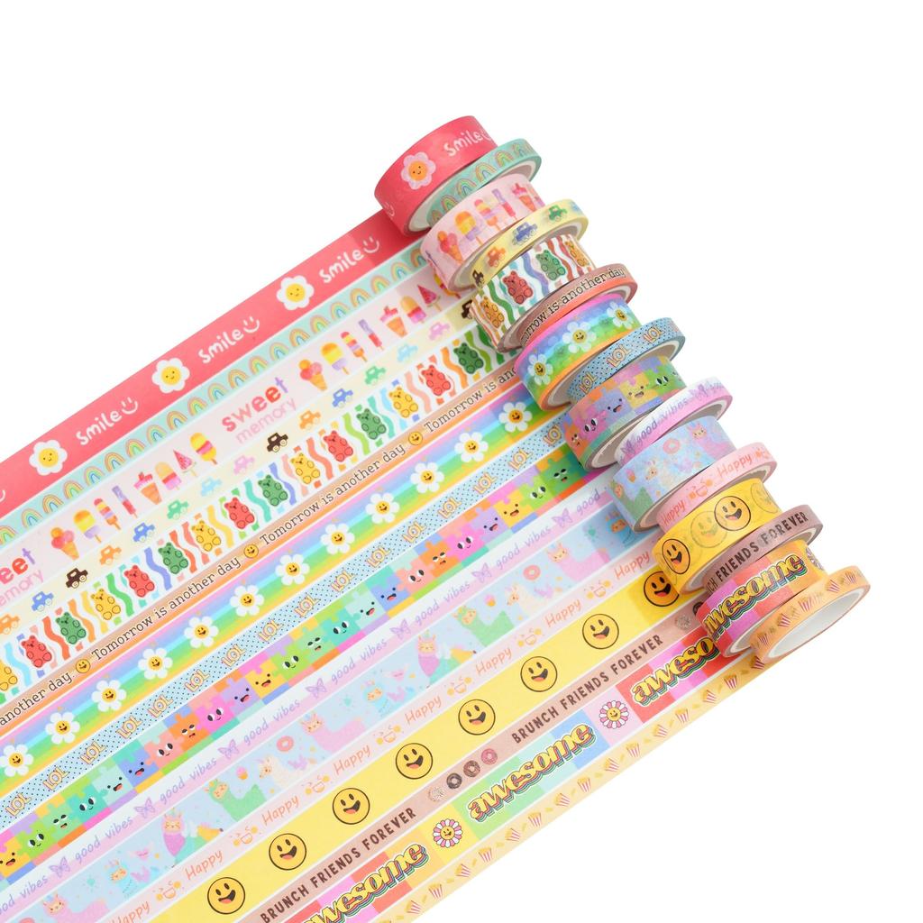 YUBX Masking Tape Cute Cartoon Washi Paper Bright Perfect for DIY Gift and 16-Piece Set Patterns, Tape, Colors, Crafts, Journals, Planners,
