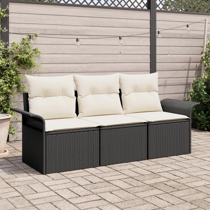 VidaXL Ensemble de Canapé de Jardin 3 Pièces avec Coussins Noir Poly Rattan 3353886