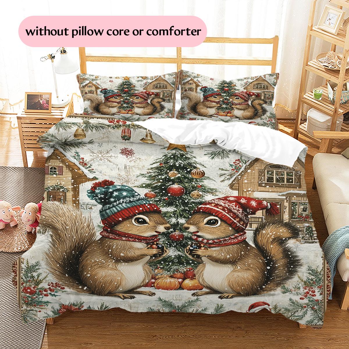 

Christmas Squirrel Pattern Bedding Home Decoration Birthday Gift (1 * duvet cover + 2 * pillowcase, without core) 135x200cm
