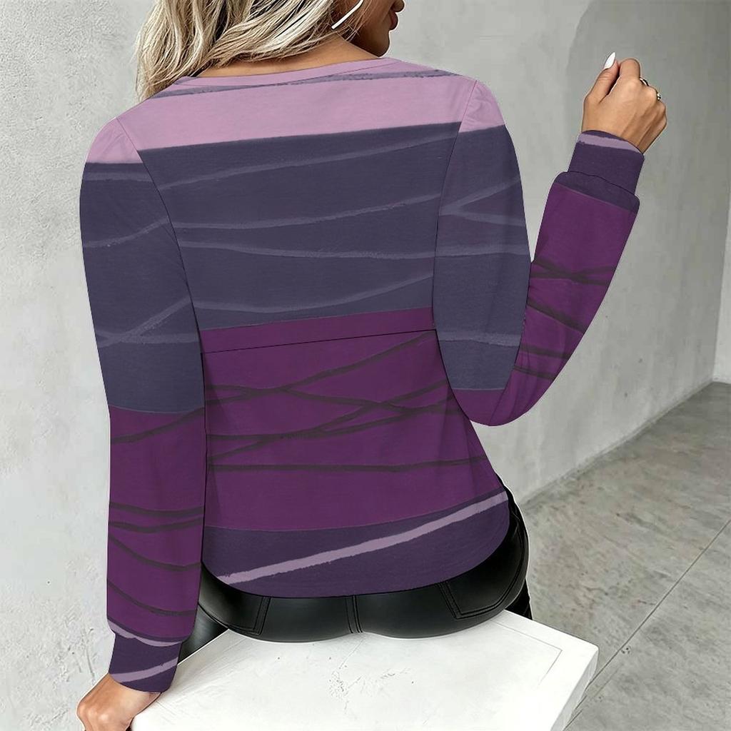 Plus Size Women V Neck Lantern Long Sleeve Top Color Block Print Slim Fit Casual Blouse