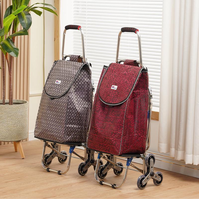 Compact Folding Stair-Climbing Trolley with Seat, Stainless Steel Rod, Outdoor Grocery Cart