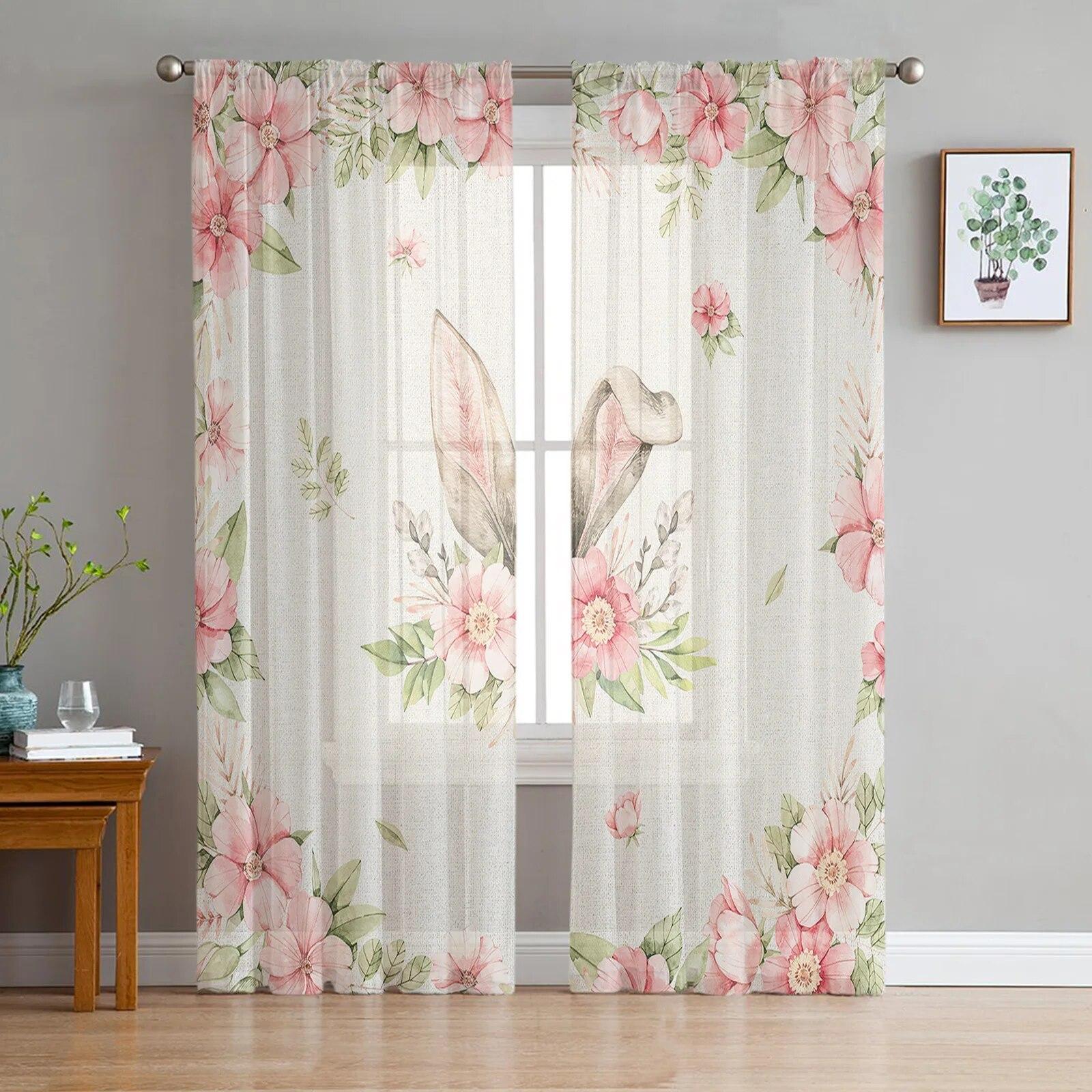 

Тюлевые шторы с кроликом, фермы, пасхальные яйца, для гостиной, спальни, вуаль, прозрачная занавеска, оконный домашний декор, шторы 135W x 114H(cm)