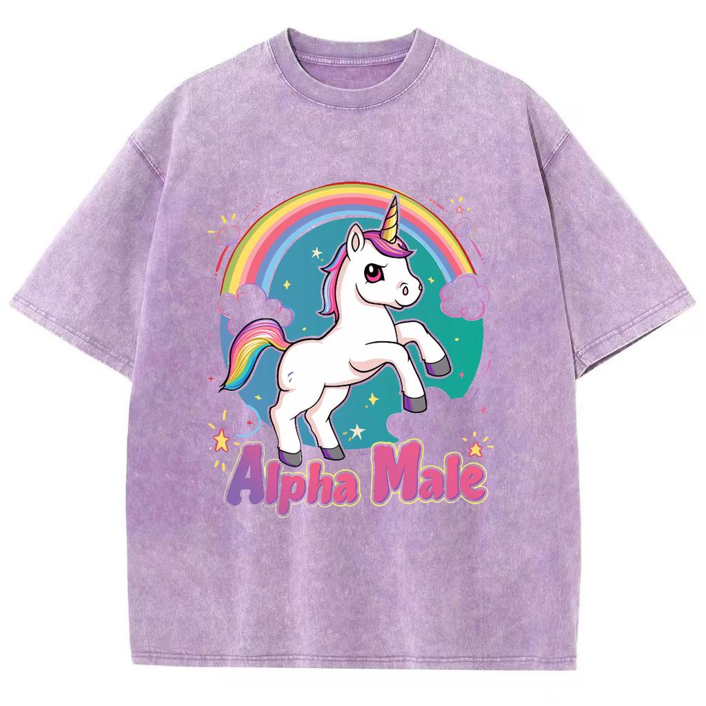 Rainbow Pony Print Women's T-Shirt Washed Denim Comfortable Oversized Short Sleeve Cute Casual Youth Beautiful Teen Top