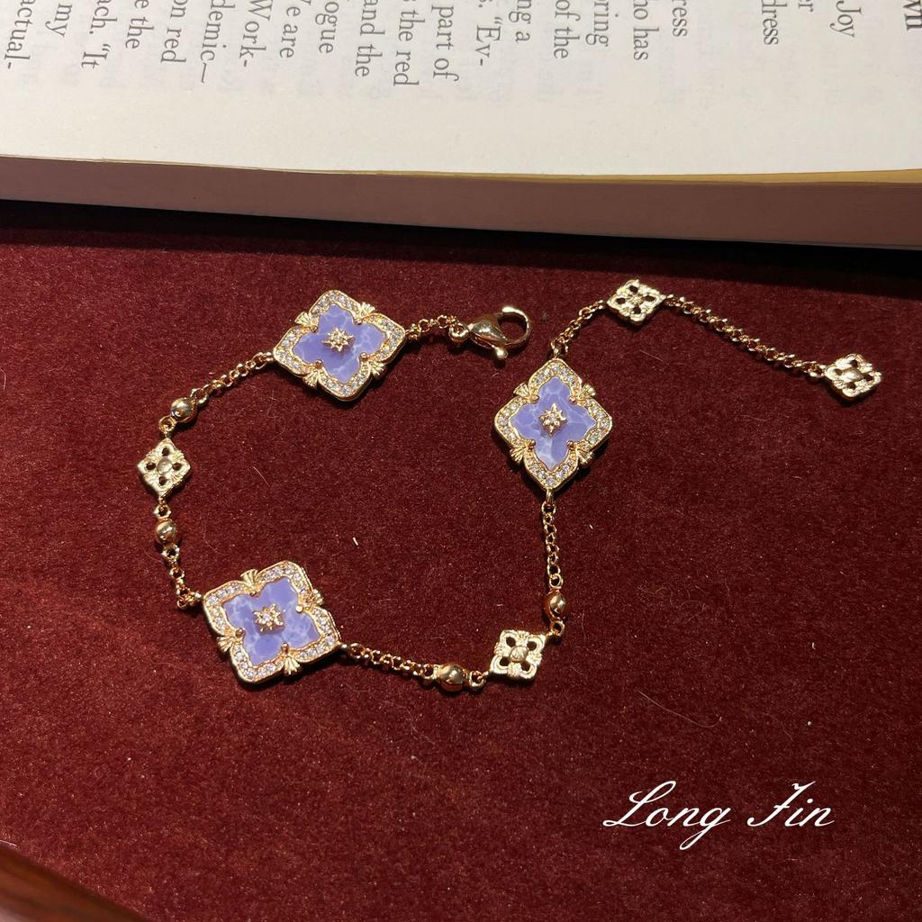 French Retro Raspuche Four-Leaf Clover Blue-Purple Suit, Bracelet Necklace, Earrings, Court Style, Light Luxury And Versatile.