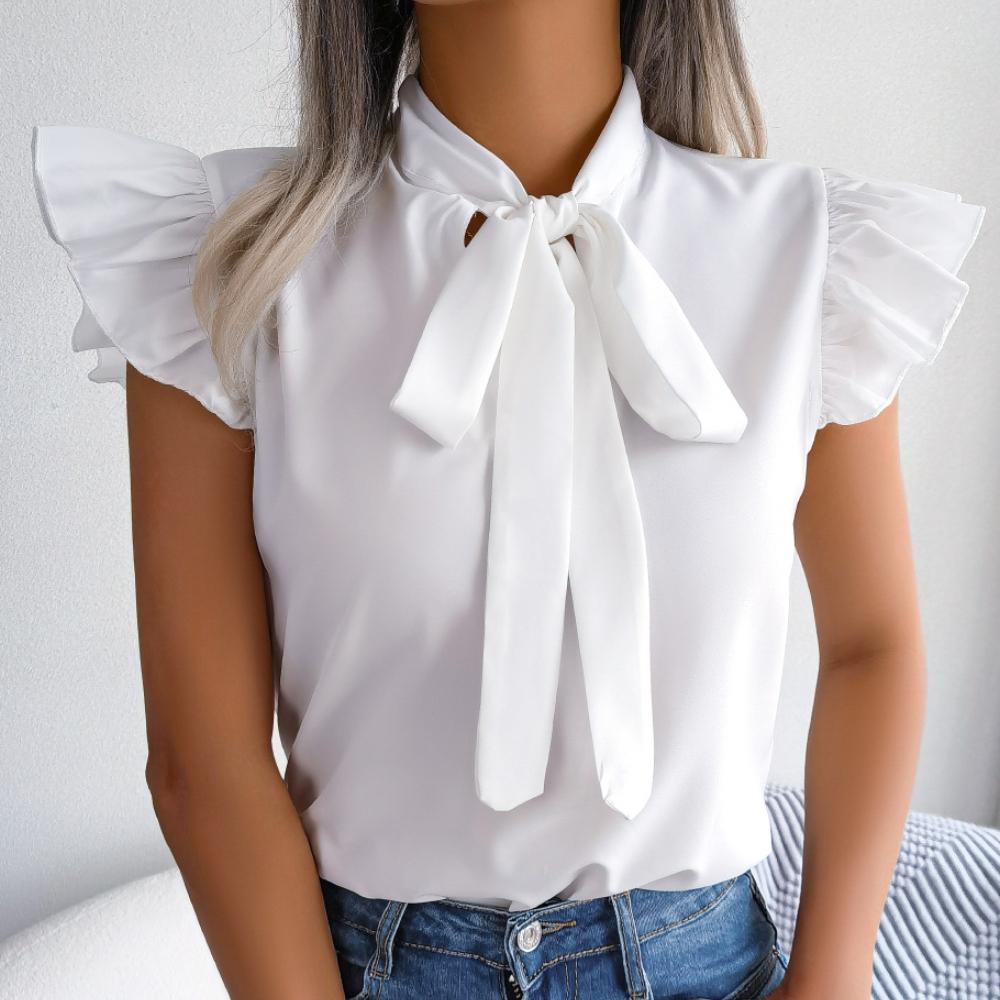 

GMXIA Женские модные однотонные повседневные блузки и рубашки без рукавов с v-образным вырезом, темпераментный шифон с галстуком-бабочкой на деревянной кромке уха L белый