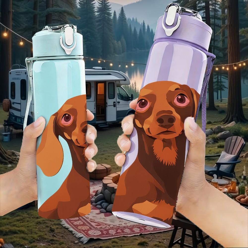 1pz Ritratto Testa Bassotto Marrone 750ml Plastica Colorata Borraccia Sportiva Anti-perdita Tappo a Vite con Cannuccia a Flip Per Sport Ufficio Uso Domestico