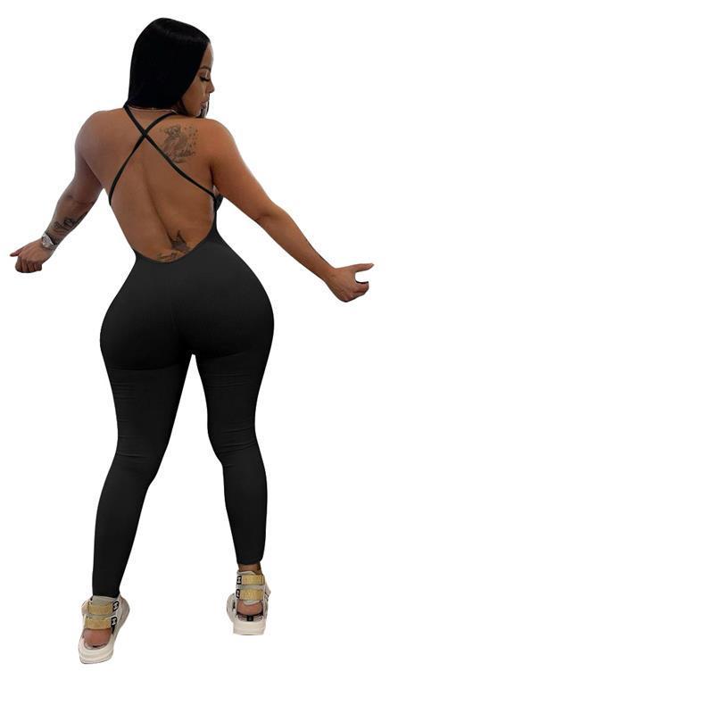 Women's Solid Color Ribbed Backless Camisole Jumpsuit with Chest Pad - Casual Yoga Wear