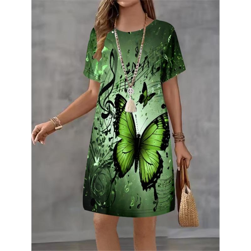 Women Dress Butterfly Pattern Printing Design Sense Pattern Summer Elegant Women A-Line Dress Casual Short Sleeve Mini Dress